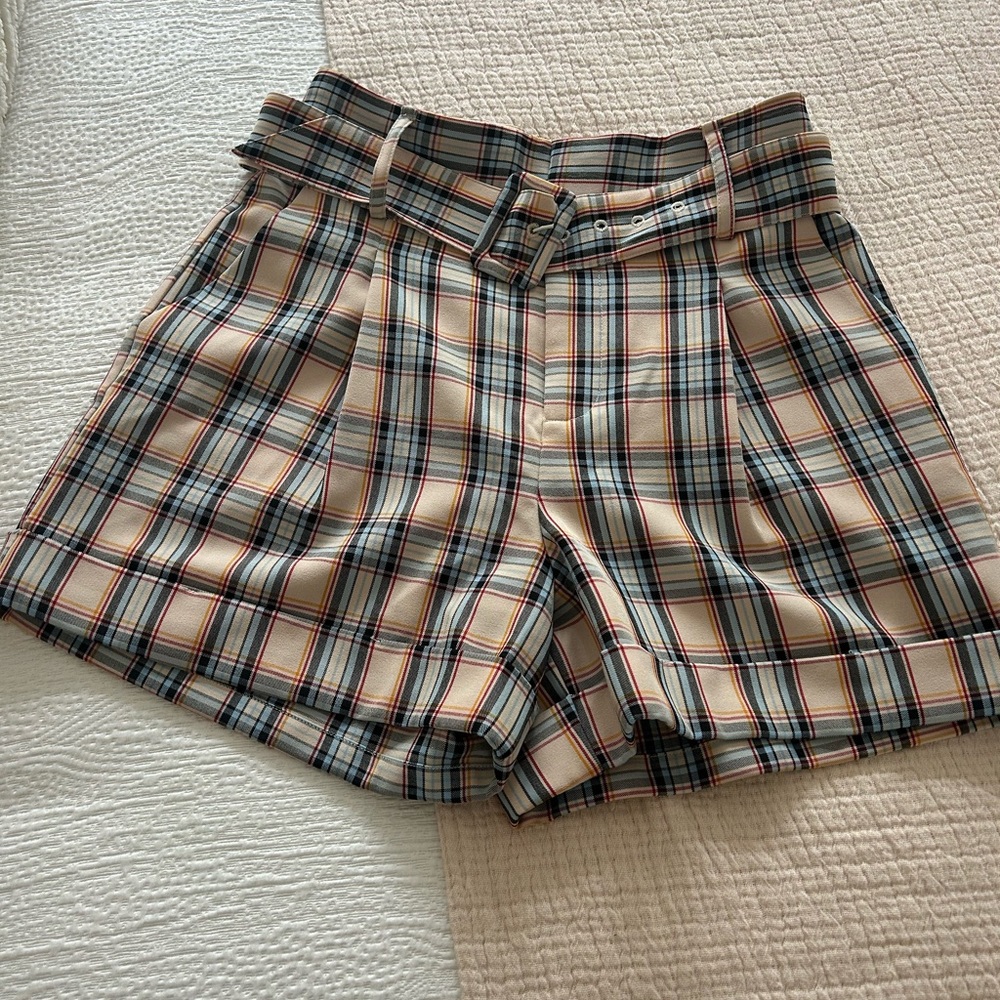 Express High Waist Plaid Shorts - Beige, Red, Blue
